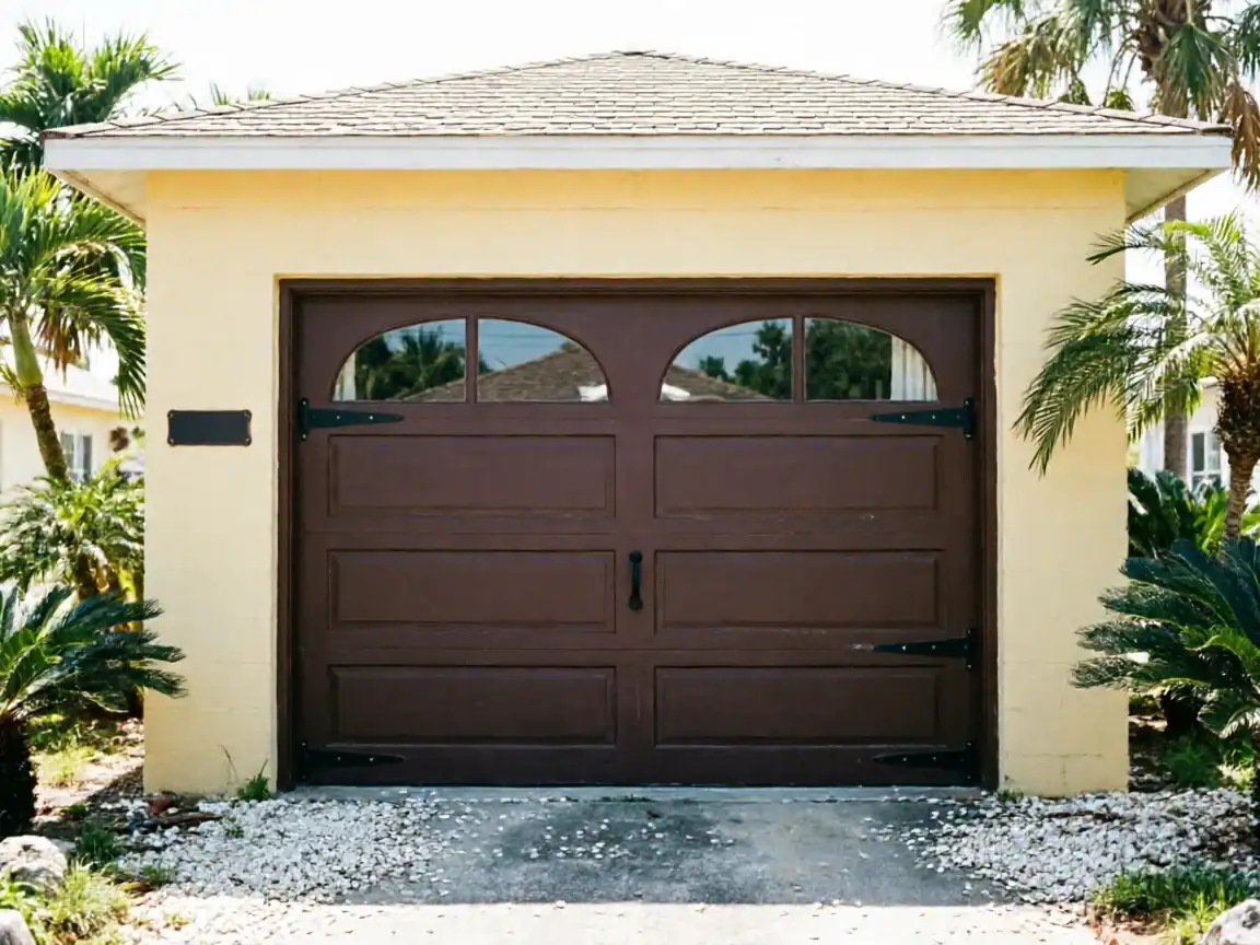 A brown garage door with arched windows is on a yellow garage.