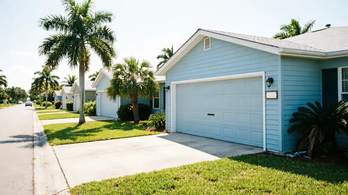 The light blue garage door is on a light blue house with palm trees.