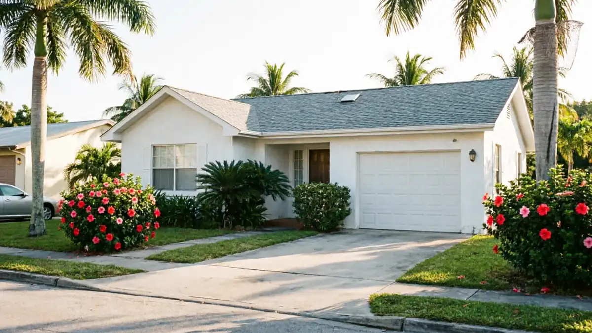 A white house with a white garage door and green landscaping under palm trees.