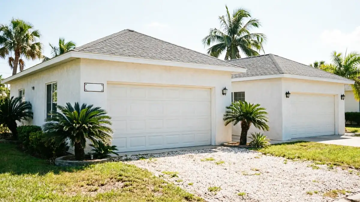 Two white garage doors are on two white houses with palm trees.