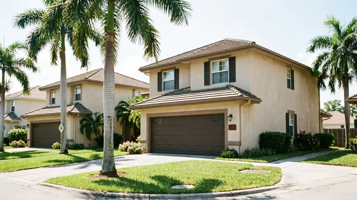 The house has a brown garage door, tan stucco, and a tiled roof, with palm trees.
