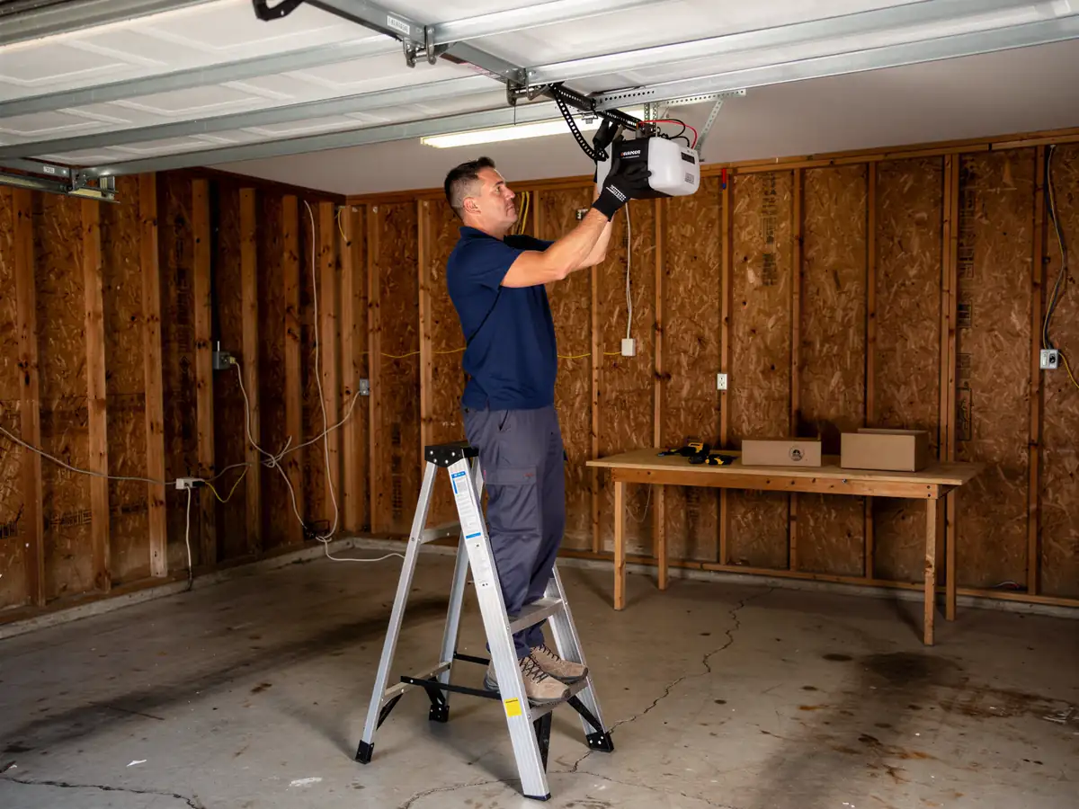 A technician on a ladder installs a garage door opener in a garage.