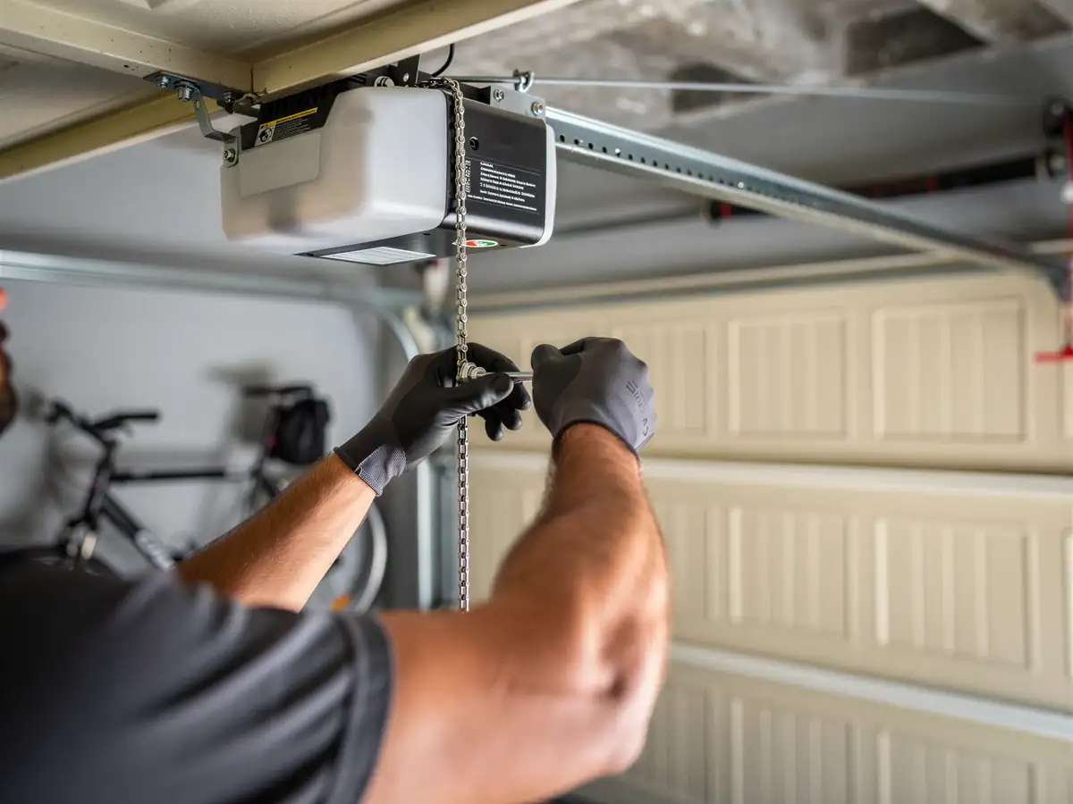 A technician adjusts the chain on a garage door opener.