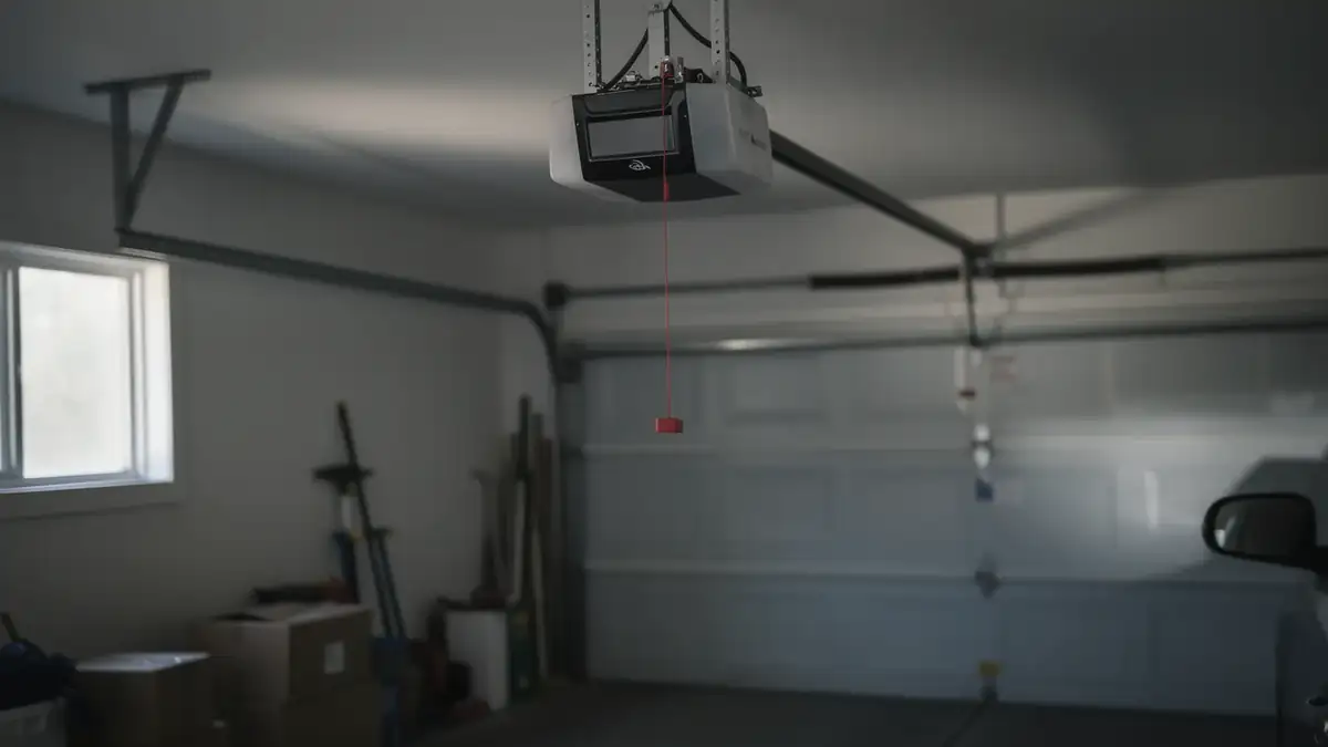 A garage door opener hangs from the ceiling in a garage with a closed door.