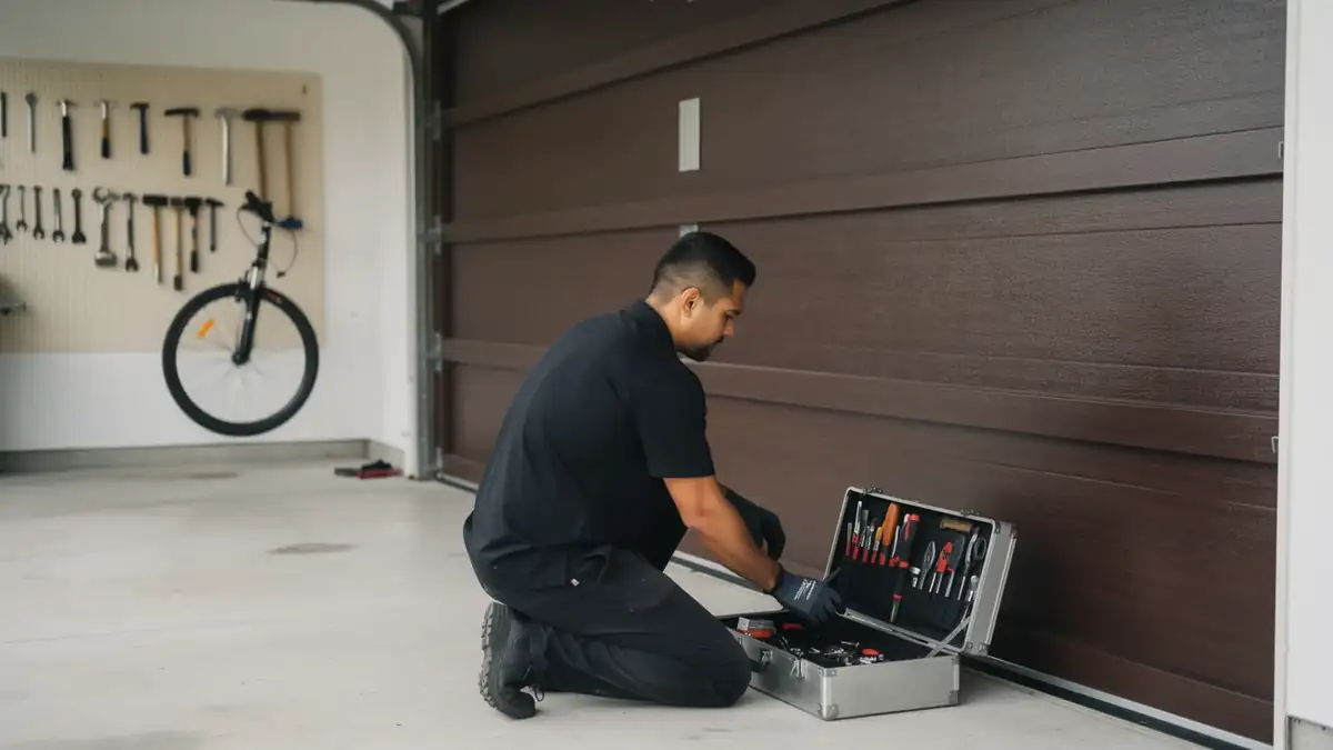 A technician kneels by a brown garage door, looking into an open toolbox.